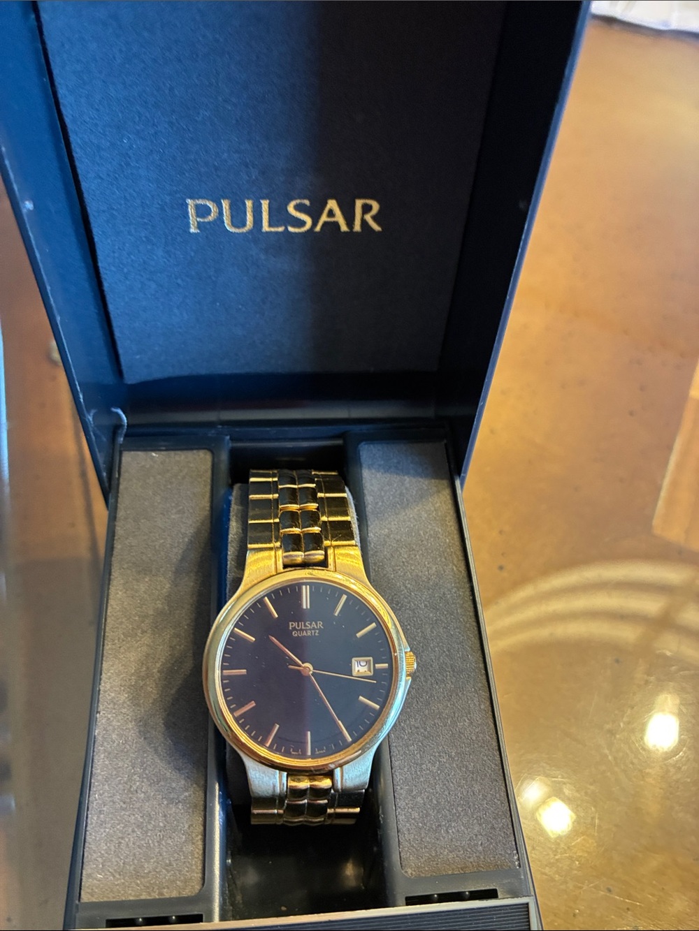 Pulsar Gold Watch with Black Dial and Gold Bracelet